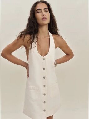 Reformation Brittany Halter Button-Front Mini Dress - Cream NEW Large